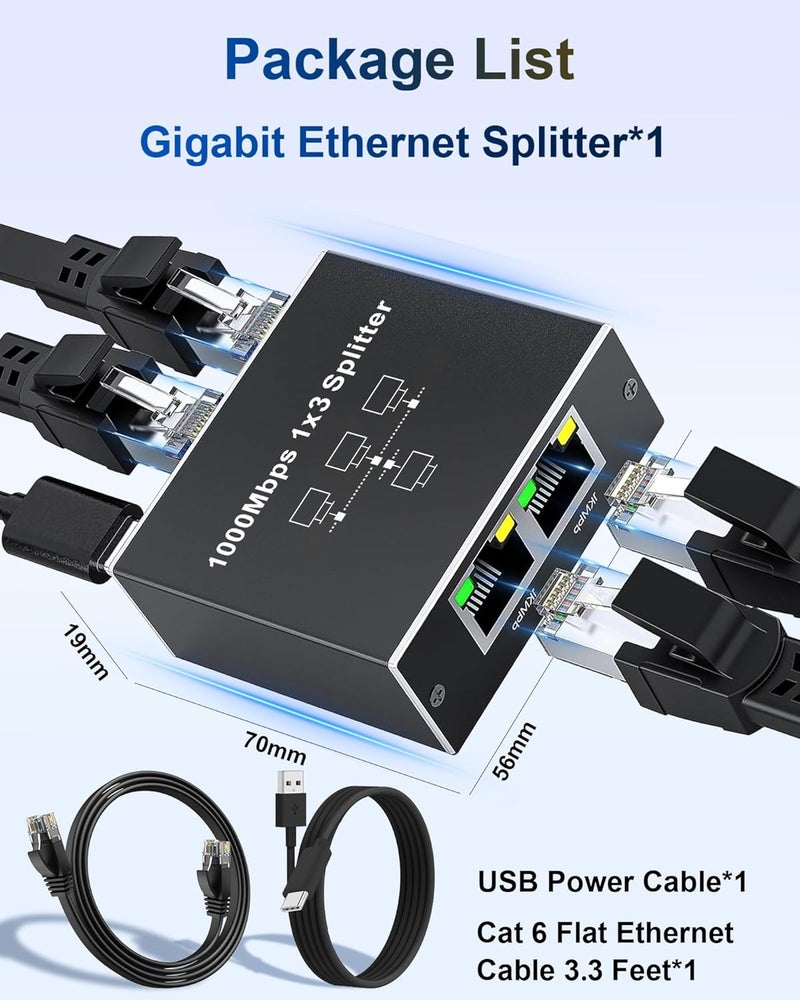 FSKY موزع إيثرنت جيجابت 1 إلى 3، موزع LAN من الألمنيوم 1000 ميجابت في الثانية RJ45 مع كابل طاقة USB-C لكابلات Cat5/5e/6/7/8 - Image 4